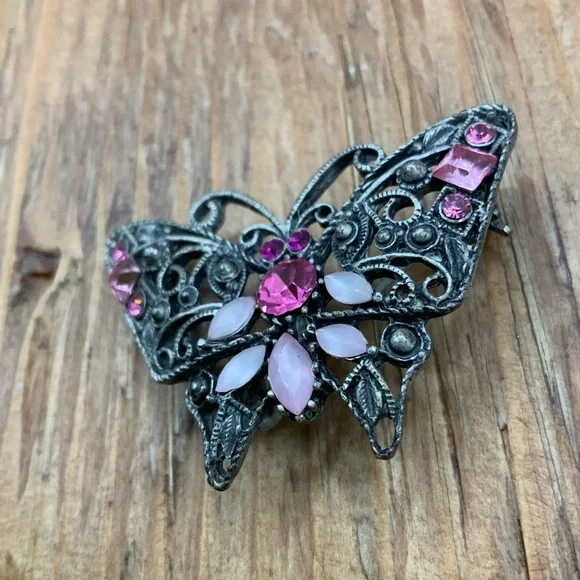 Butterfly Pink Rhinestone Gun Metal Filigree Brooch Pin - Picture 2 of 6